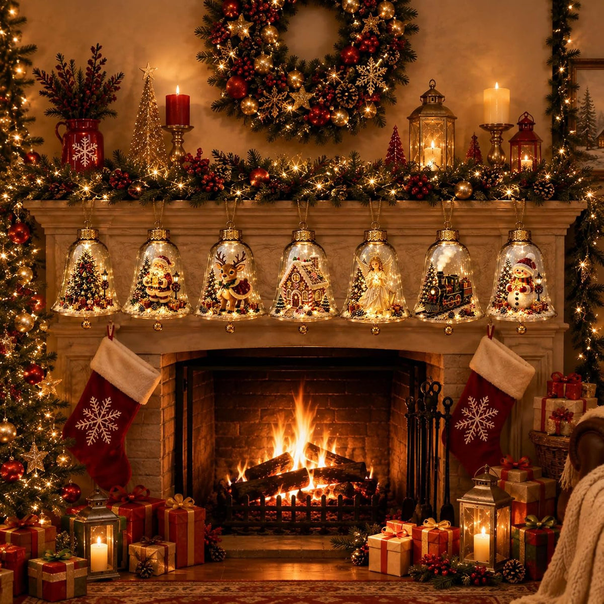 Miniature festive scene Christmas tree with glowing bell decoration