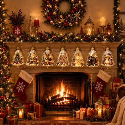 Miniature festive scene Christmas tree with glowing bell decoration