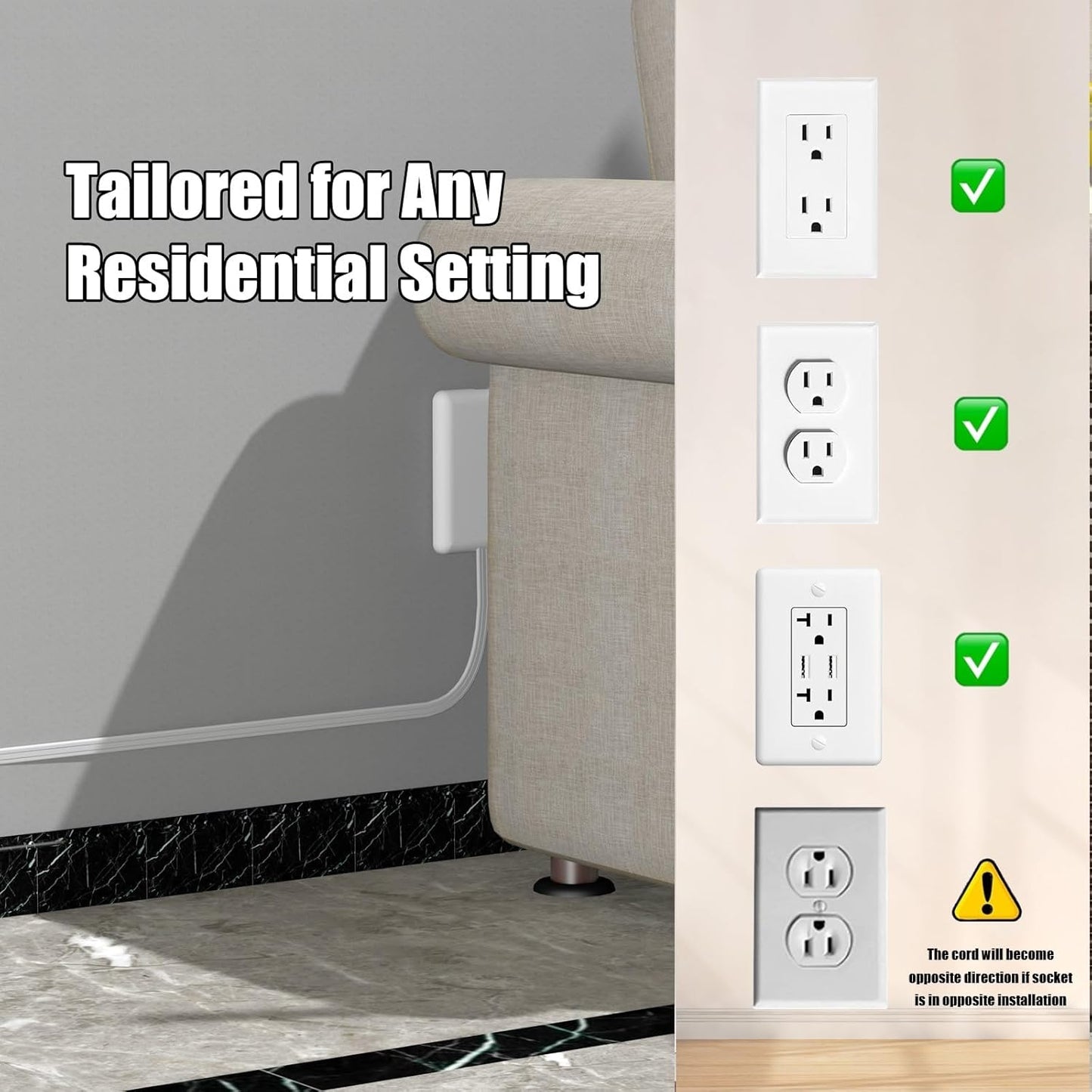 Ultra-Thin Plug Power Strip Extension Cord with 3 Outlets
