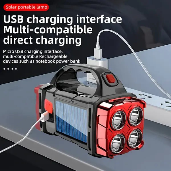 High Power 4LED Smart Torch Light - 2-In-1 Solar Charging & USB Rechargeable