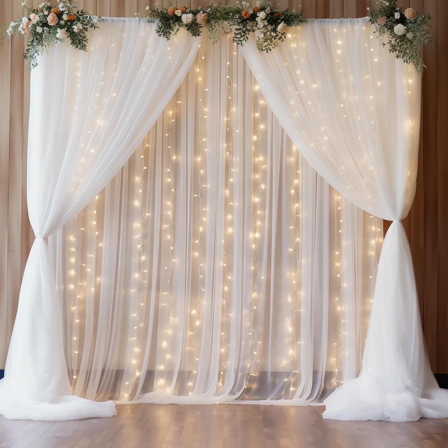 Elegant White Tulle Backdrop Curtain with Warm LED Lights for Wedding Ceremony & Reception, 63" x 118"