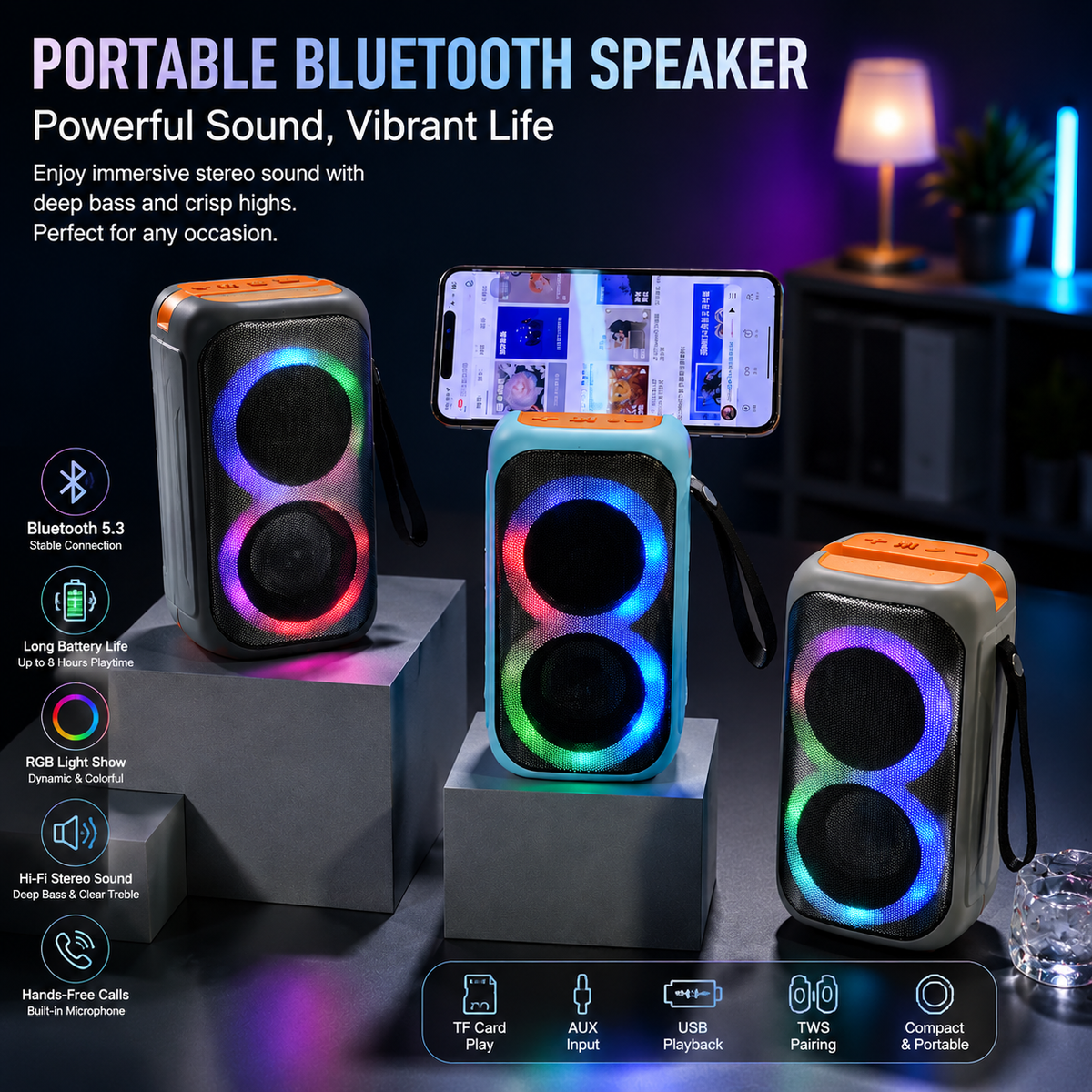 Portable Bluetooth Speaker with RGB Lighting