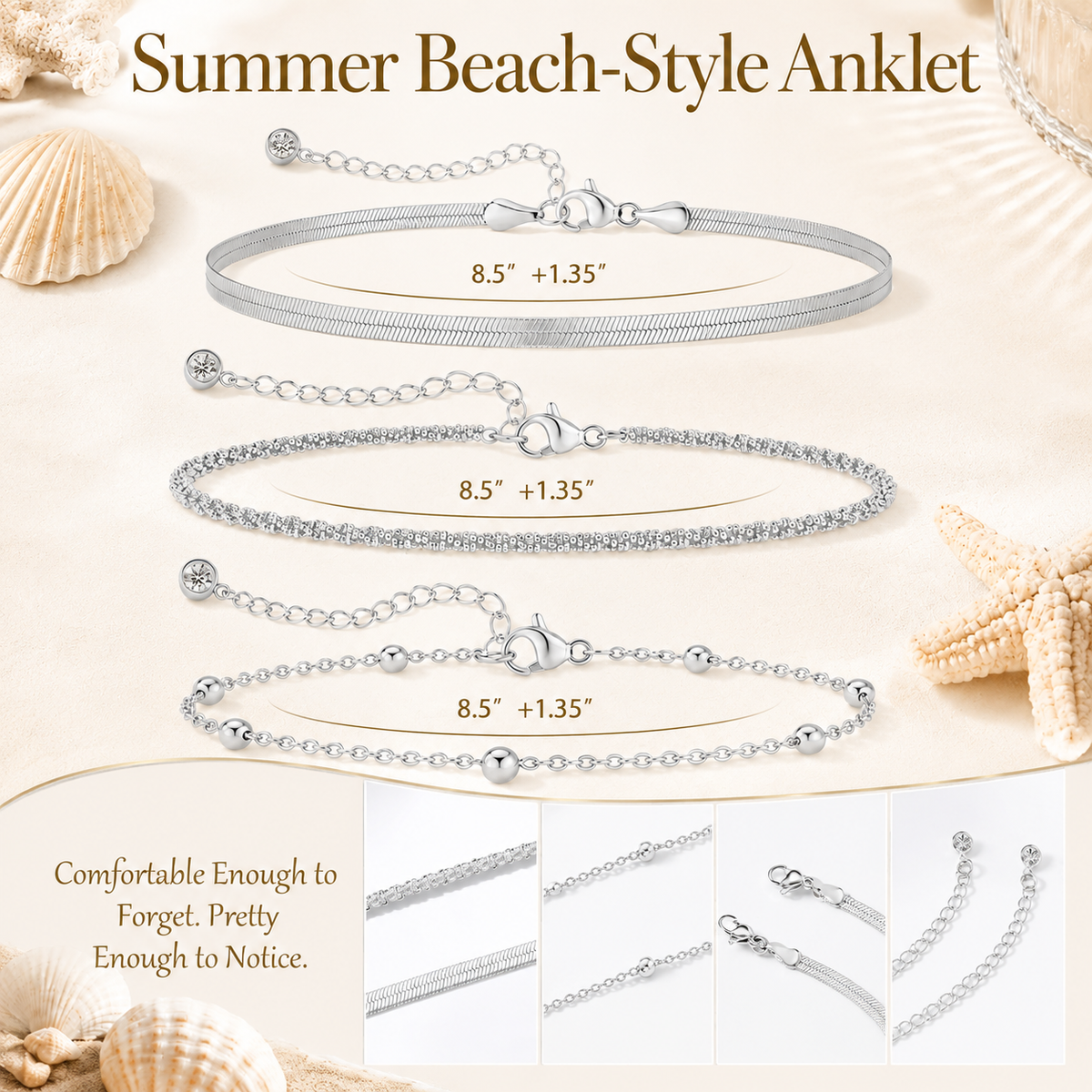 Women's Ankle Bracelet Set - Dainty Layered Waterproof Sparkly Herringbone Beaded Rope Chain