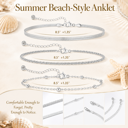 Women's Ankle Bracelet Set - Dainty Layered Waterproof Sparkly Herringbone Beaded Rope Chain