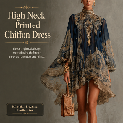 High-neck printed chiffon dress