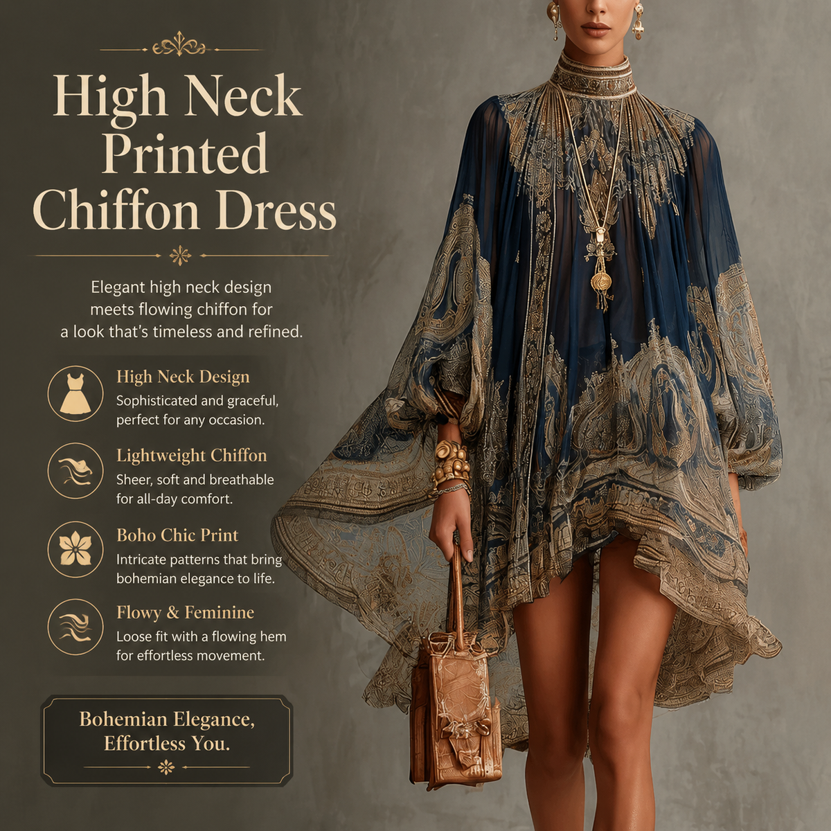 High-neck printed chiffon dress