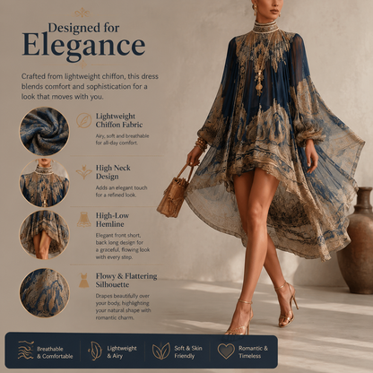 High-neck printed chiffon dress