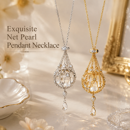Dainty Netted Pearl Pendant Necklace with Rhinestones