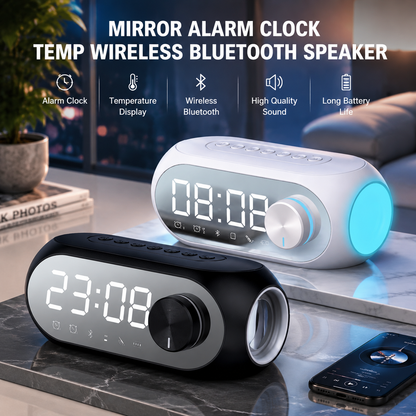 Mirror-finish alarm clock with temperature display and wireless Bluetooth speaker