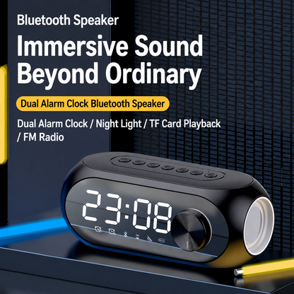 Mirror-finish alarm clock with temperature display and wireless Bluetooth speaker