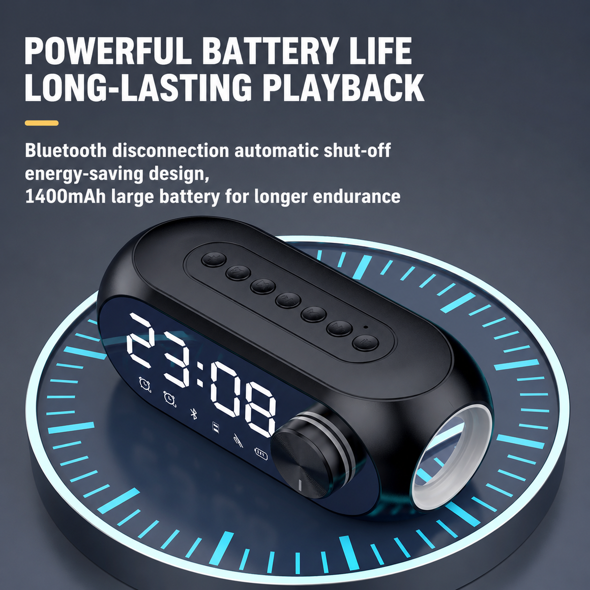 Mirror-finish alarm clock with temperature display and wireless Bluetooth speaker