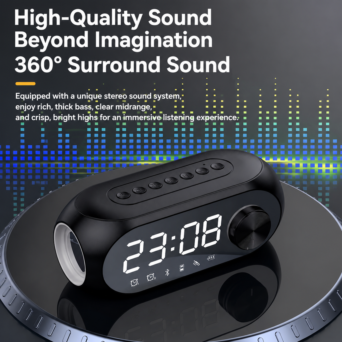 Mirror-finish alarm clock with temperature display and wireless Bluetooth speaker