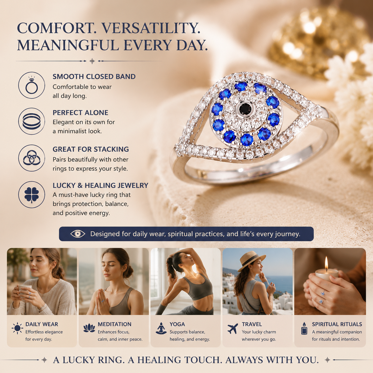 Platinum-Plated Evil Eye Protection Ring - Blue Cubic Zirconia Closed Back Band