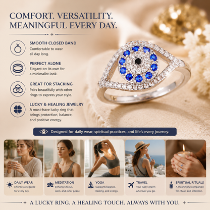 Platinum-Plated Evil Eye Protection Ring - Blue Cubic Zirconia Closed Back Band