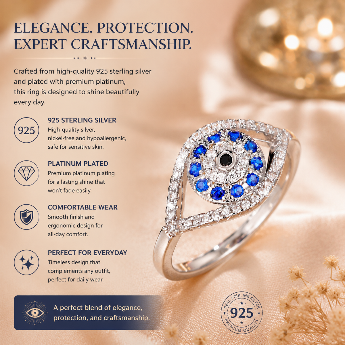 Platinum-Plated Evil Eye Protection Ring - Blue Cubic Zirconia Closed Back Band