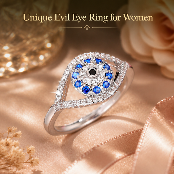 Platinum-Plated Evil Eye Protection Ring - Blue Cubic Zirconia Closed Back Band