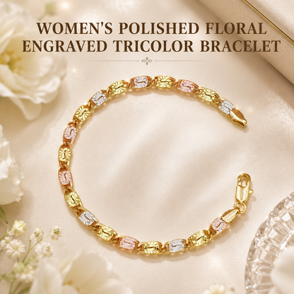 Women's polished tri-color bracelet with floral engraving