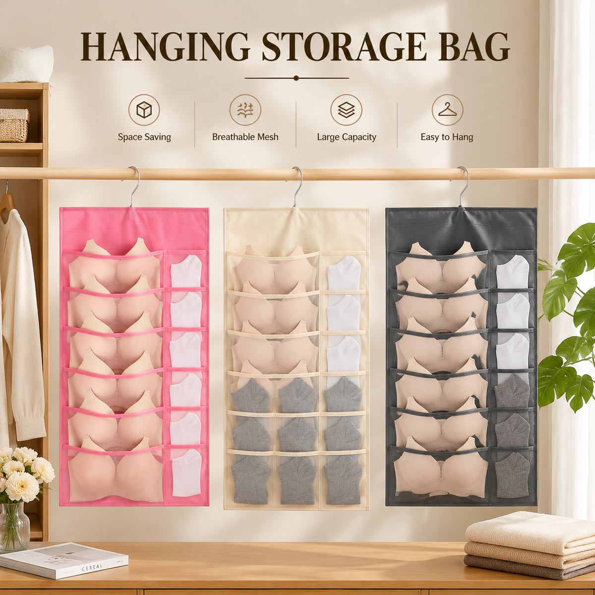Closet Hanging Organizer with Mesh Pockets & Rotating Metal Hanger