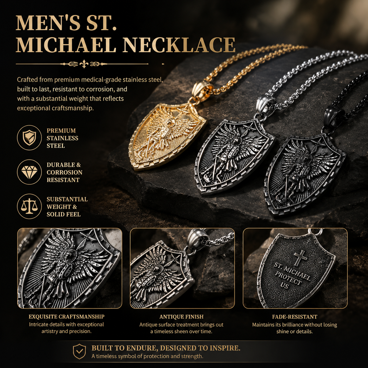 Stainless Steel St. Michael Shield Pendant Necklace for Men