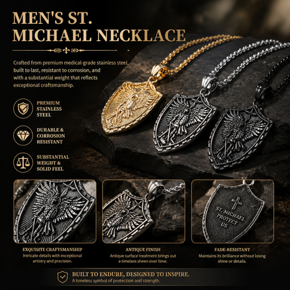Stainless Steel St. Michael Shield Pendant Necklace for Men