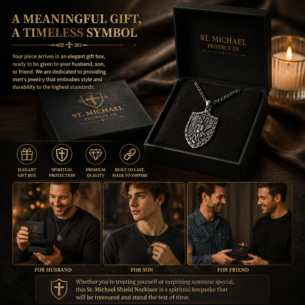 Stainless Steel St. Michael Shield Pendant Necklace for Men