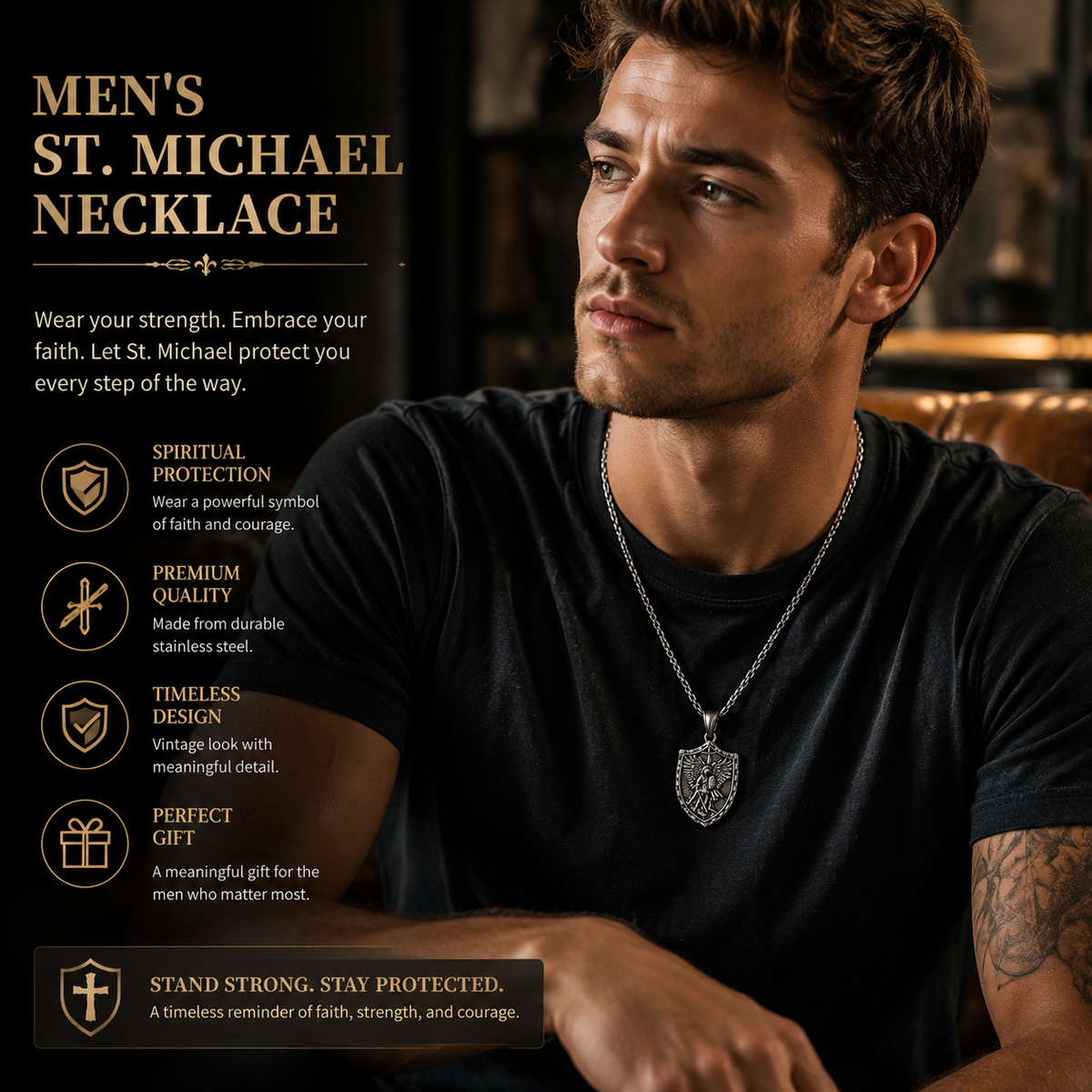 Stainless Steel St. Michael Shield Pendant Necklace for Men