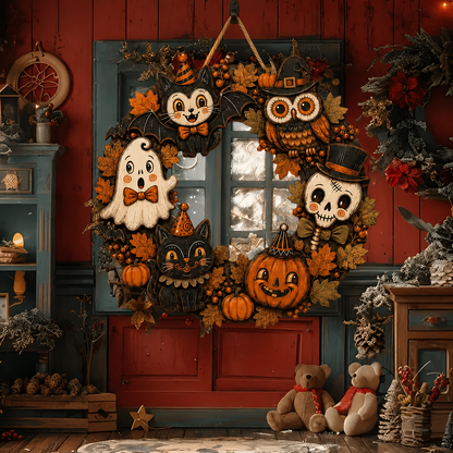 Vintage-style flat wooden Halloween door hanger