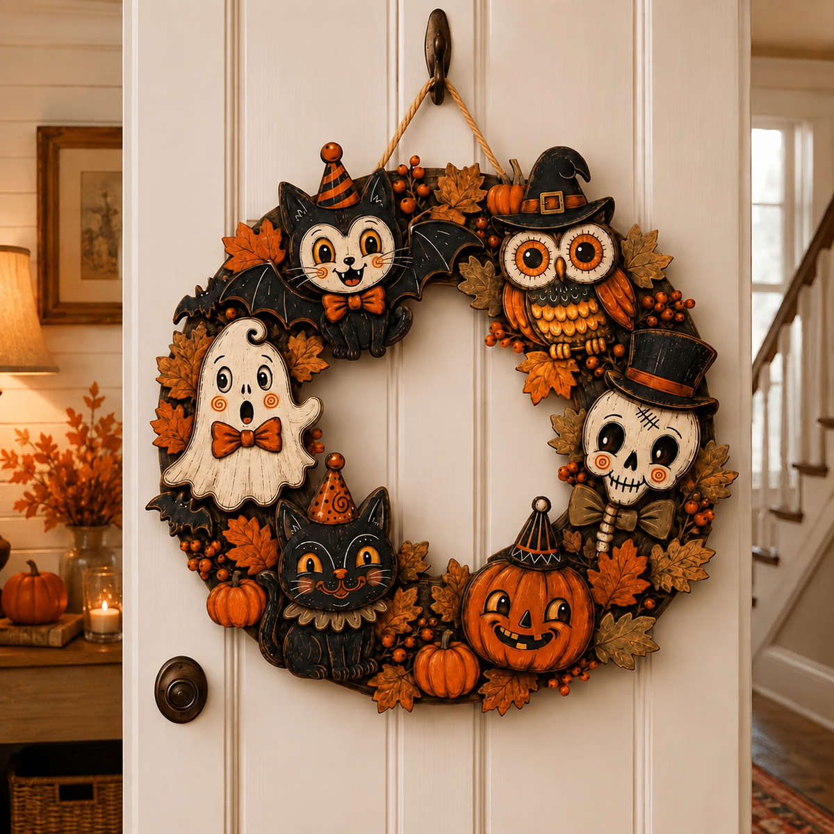 Vintage-style flat wooden Halloween door hanger