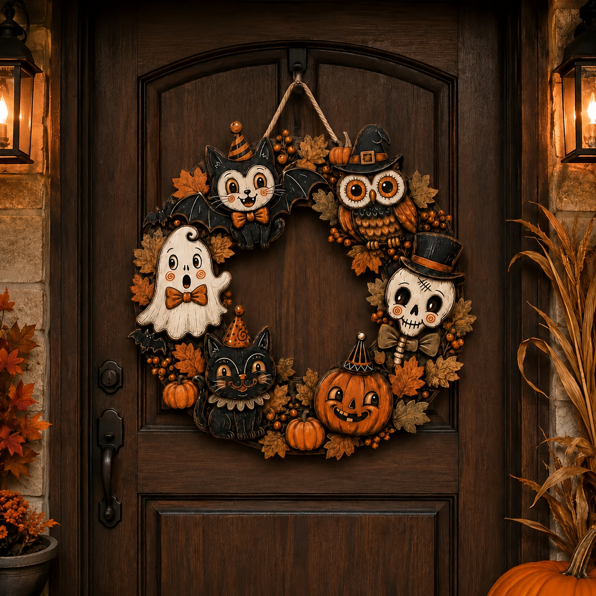 Vintage-style flat wooden Halloween door hanger