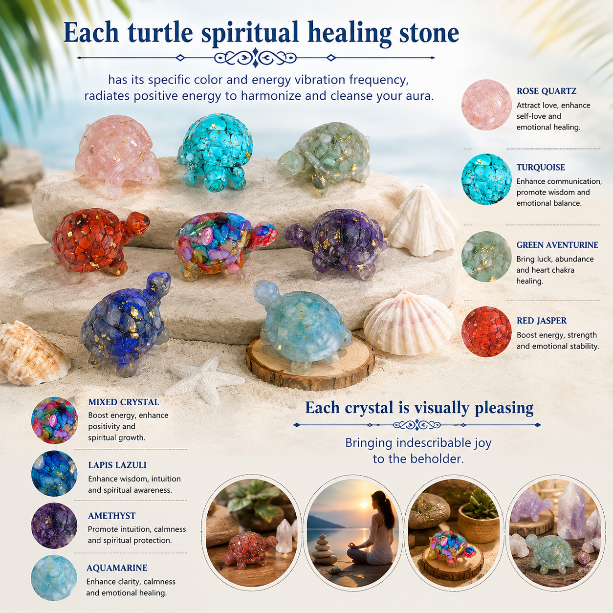 8PCS Natural Crystal Healing Stone Sea Turtle Ornament