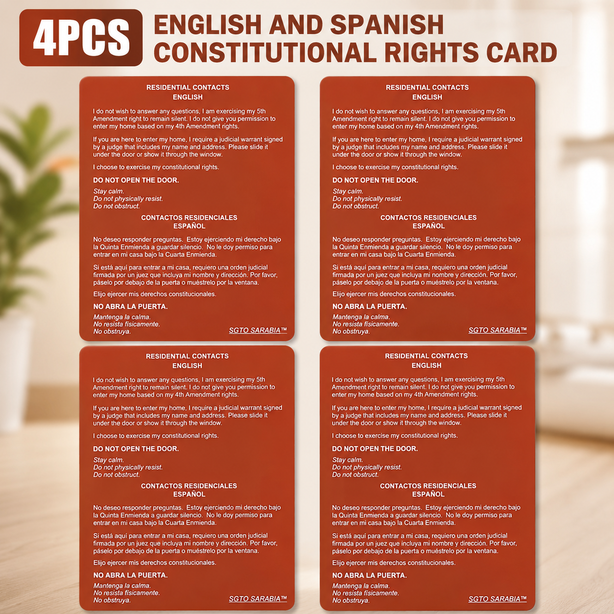 4PCS Constitutional Rights Card in English and Spanish