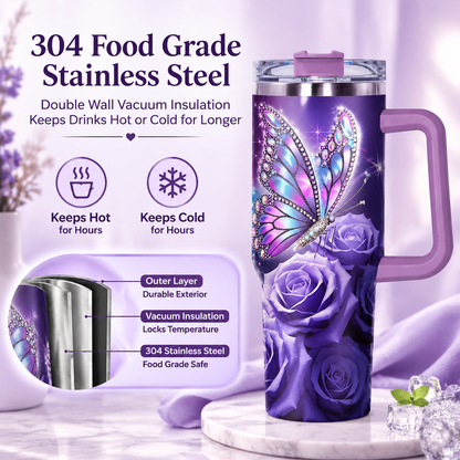 Butterfly & Rose Pattern Tumbler, 40oz Stainless Steel Insulated Travel Tumbler with Lid
