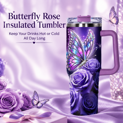 Butterfly & Rose Pattern Tumbler, 40oz Stainless Steel Insulated Travel Tumbler with Lid
