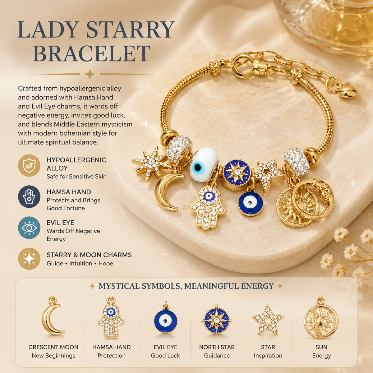 Celestial Charm Bracelet for Women | Moon, Hamsa Hand, Evil Eye & Tree of Life Charms