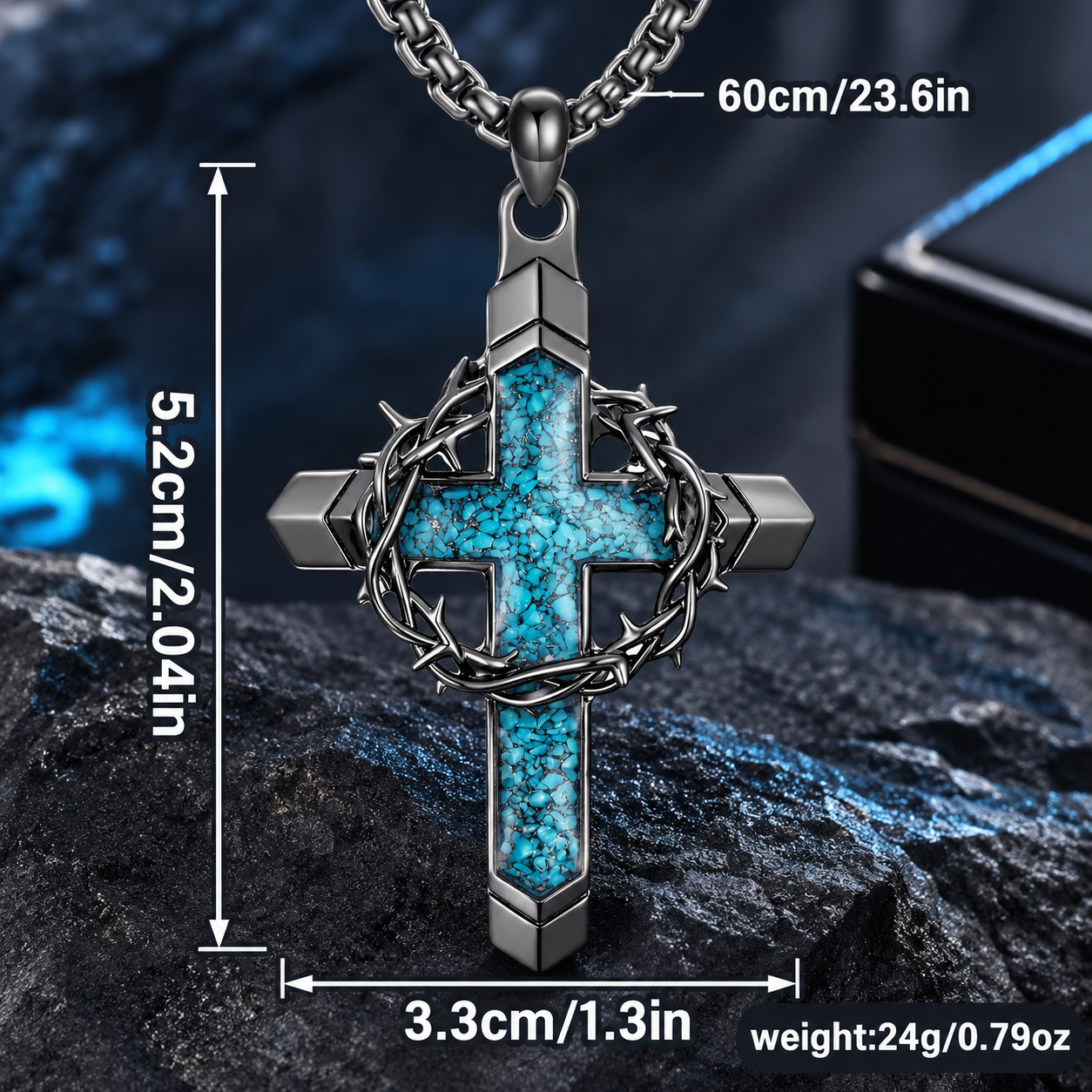 Turquoise cross pendant necklace featuring a crown of thorns and cross motif.