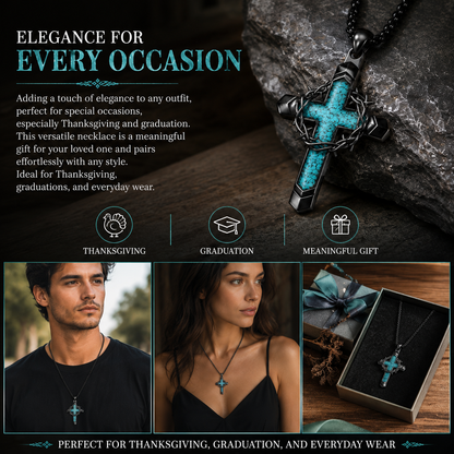 Turquoise cross pendant necklace featuring a crown of thorns and cross motif.
