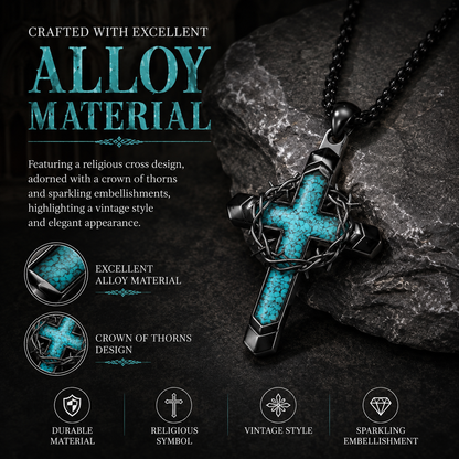 Turquoise cross pendant necklace featuring a crown of thorns and cross motif.