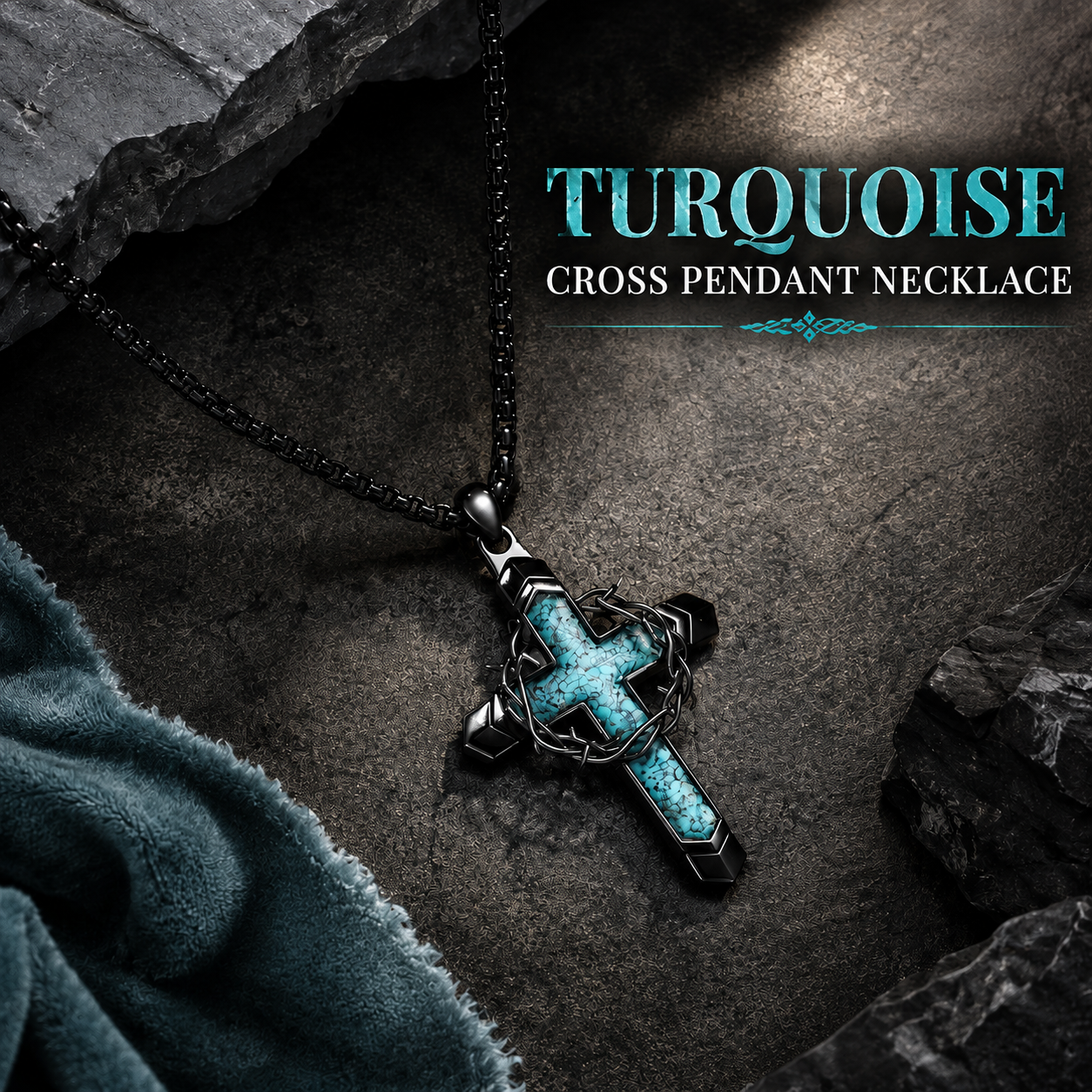 Turquoise cross pendant necklace featuring a crown of thorns and cross motif.