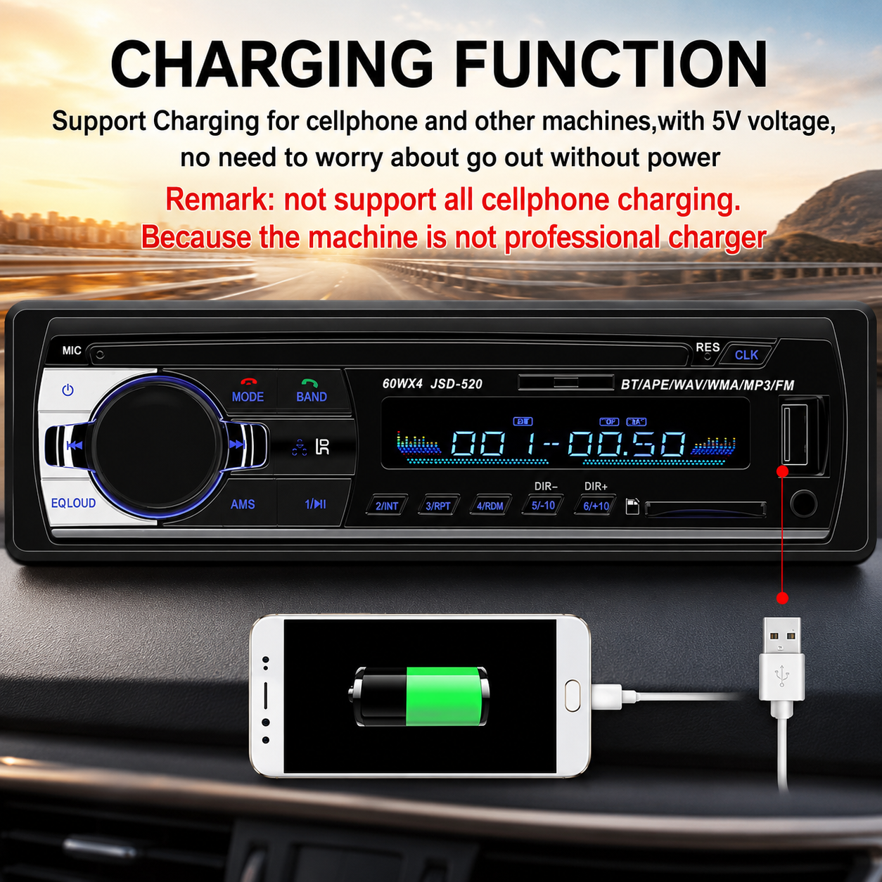 Car Radio Audio USB/SD/MP3 Player Receiver Bluetooth Hands-Free with Remote Control