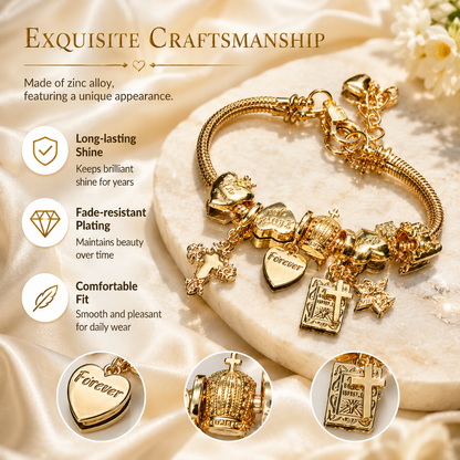 Women's Charm Bracelet, Stunning Cross, Bible, Heart, Crown & Angel Pendants