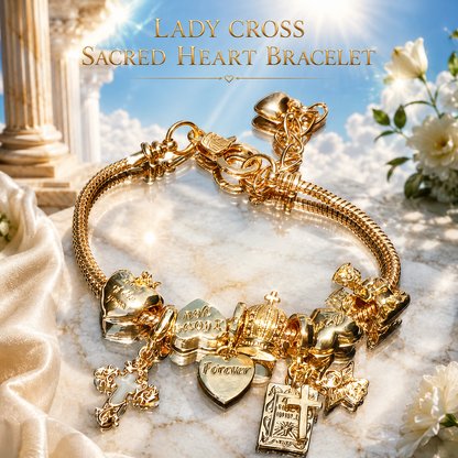 Women's Charm Bracelet, Stunning Cross, Bible, Heart, Crown & Angel Pendants