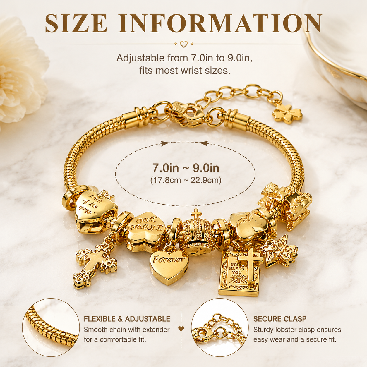 Women's Charm Bracelet, Stunning Cross, Bible, Heart, Crown & Angel Pendants