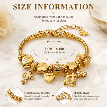 Women's Charm Bracelet, Stunning Cross, Bible, Heart, Crown & Angel Pendants