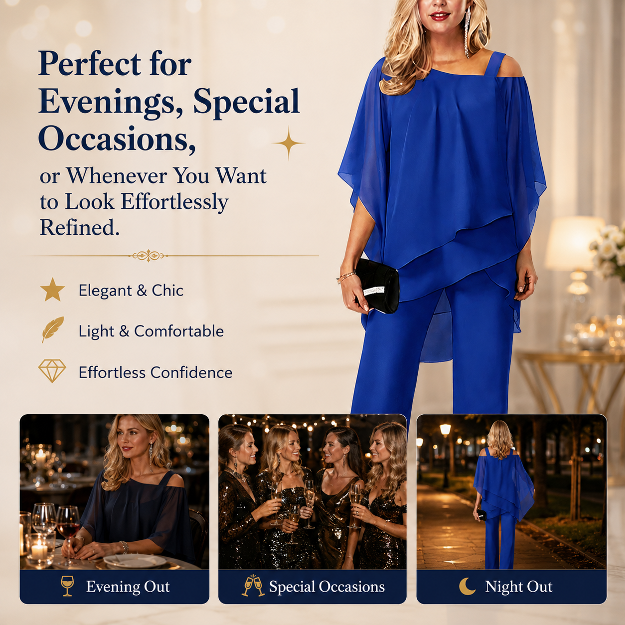 Elegant layered chiffon top and wide-leg trousers set