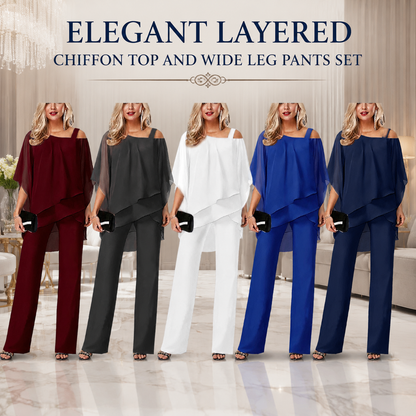 Elegant layered chiffon top and wide-leg trousers set