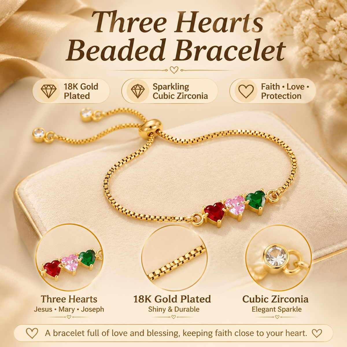 Sacré Cœur Ladies' Bolo Bracelet (Three-Charm Version)
