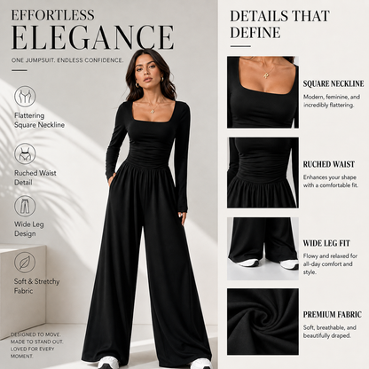 Womens Square Neck Long Sleeve Jumpsuit Ruched Wide Leg Outfits