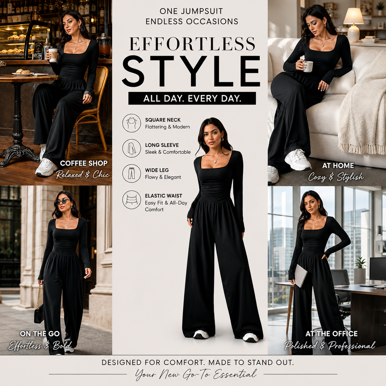 Womens Square Neck Long Sleeve Jumpsuit Ruched Wide Leg Outfits