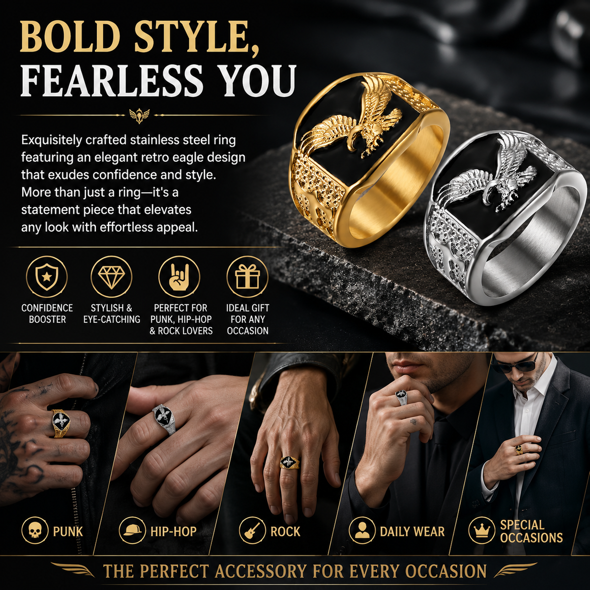 Elegant, vintage-style ring featuring a majestic eagle motif