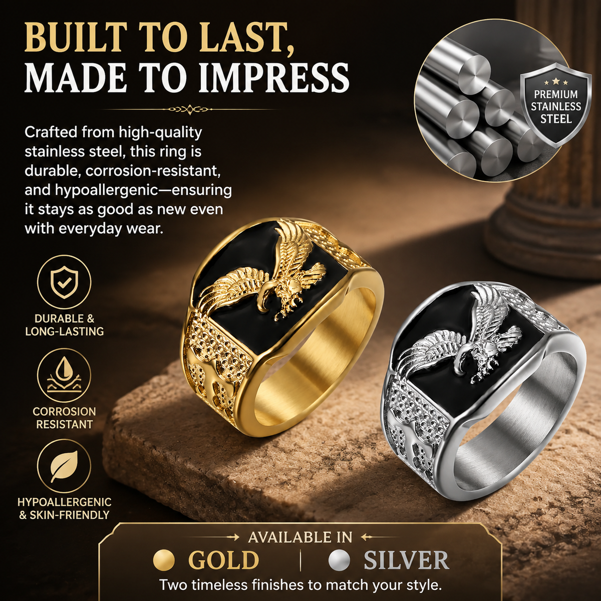 Elegant, vintage-style ring featuring a majestic eagle motif
